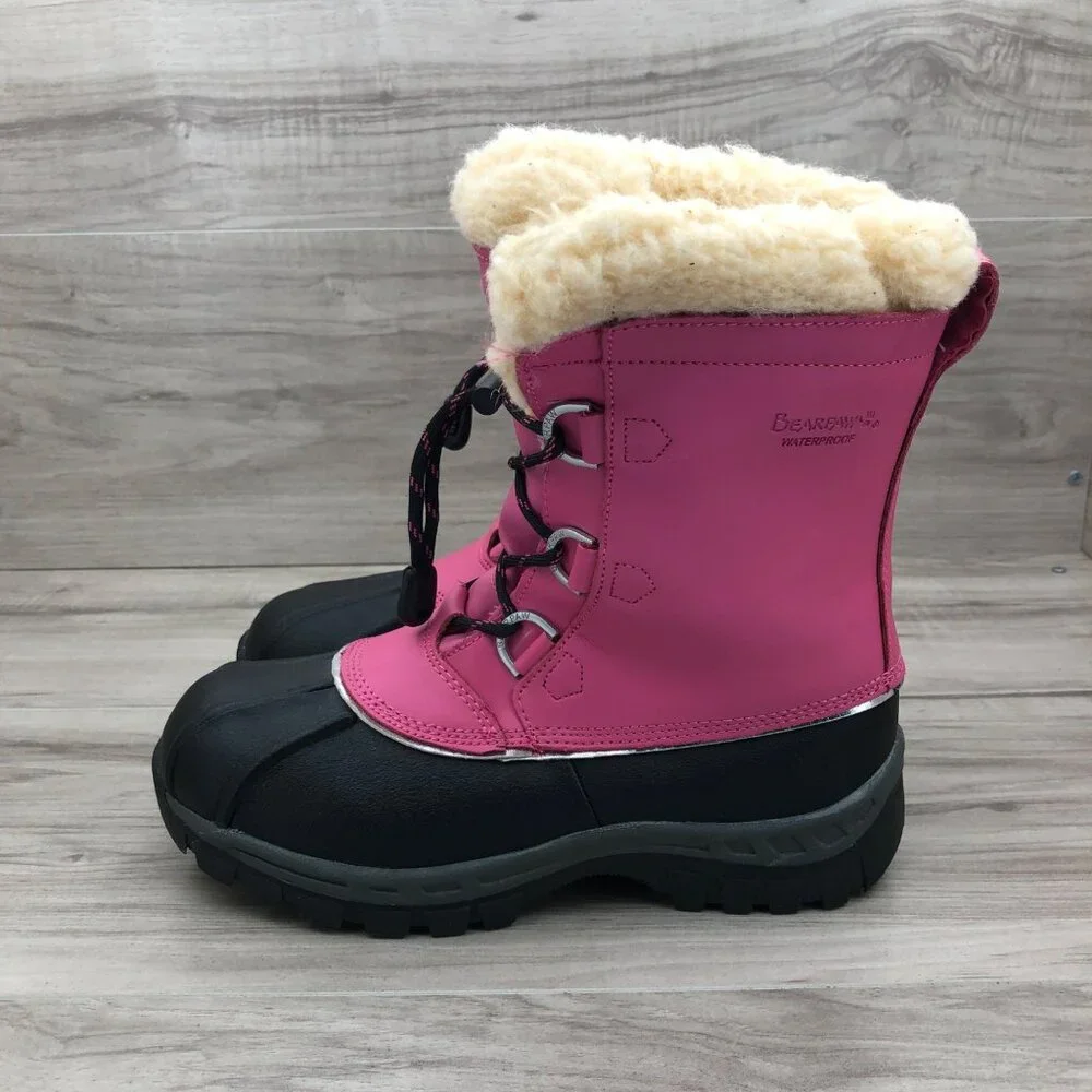 Bearpaw Boots Kids Girls 4 Kelly Pink Leather Wool Lined Winter Waterproof Boots